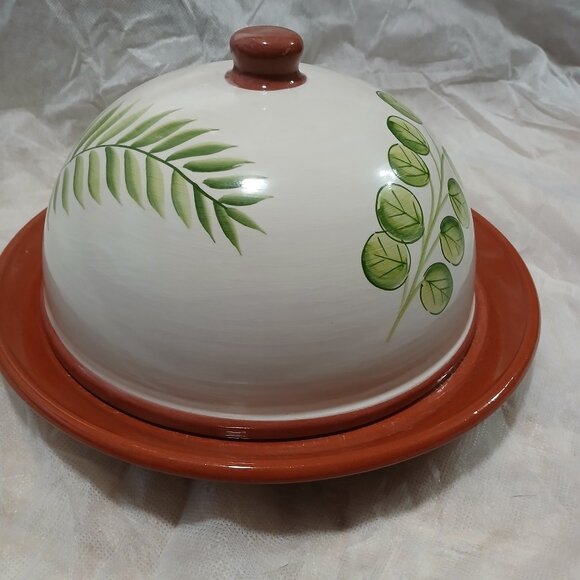 CERAMIC CHEESE DOME Colourful Leaves Hand Painted plate cover A Santos Portugal - Picture 1 of 4